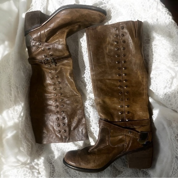 Donald J Pliner Brown Leather Studded Western Boho Riding Tall Boots Size 9 - Picture 2 of 5
